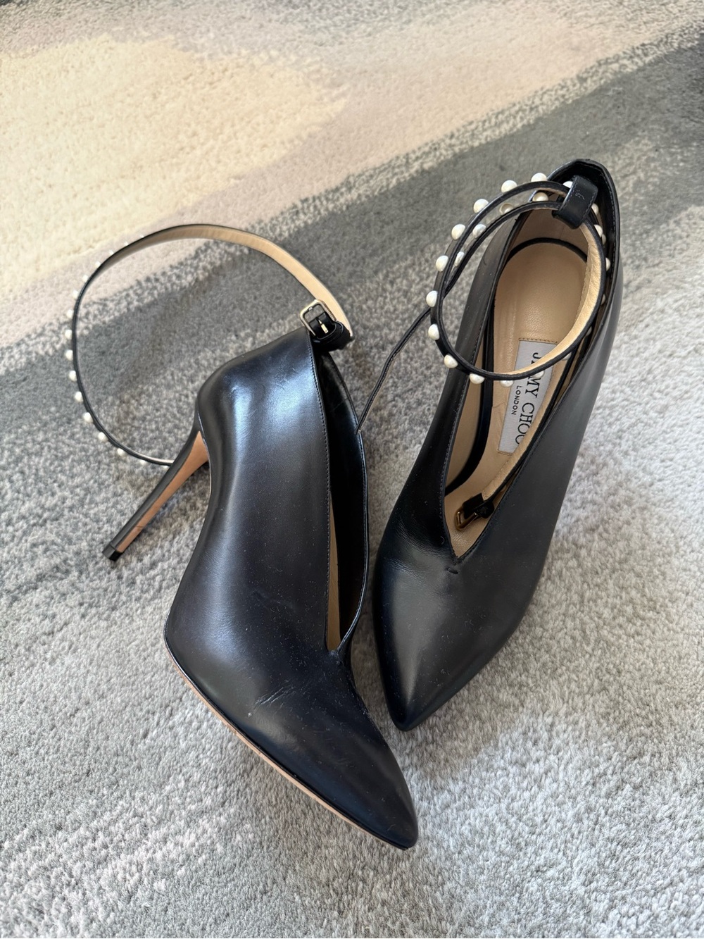 Jimmy Choo Black Leather Pointed-Toe Pearl-Embellished Ankle-Strap Pumps
